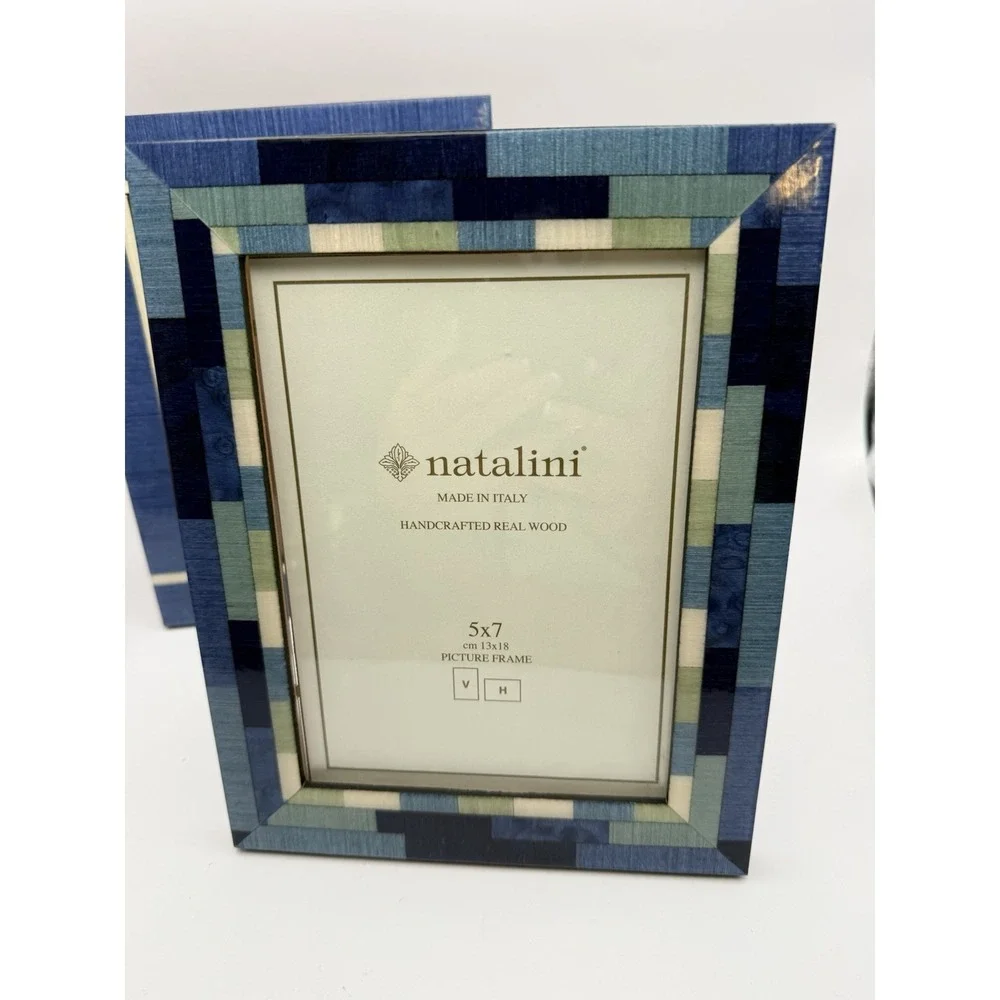Pair‎ Natalini Italy 5x7 Picture Frames Blue Mosaic Wood Handcrafted Made Italy
